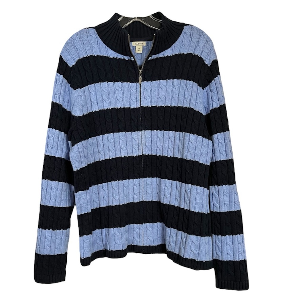 LL Bean Light Blue Navy Full Zip Cotton Cable Knit Cardigan Sweater Sz XL EUC